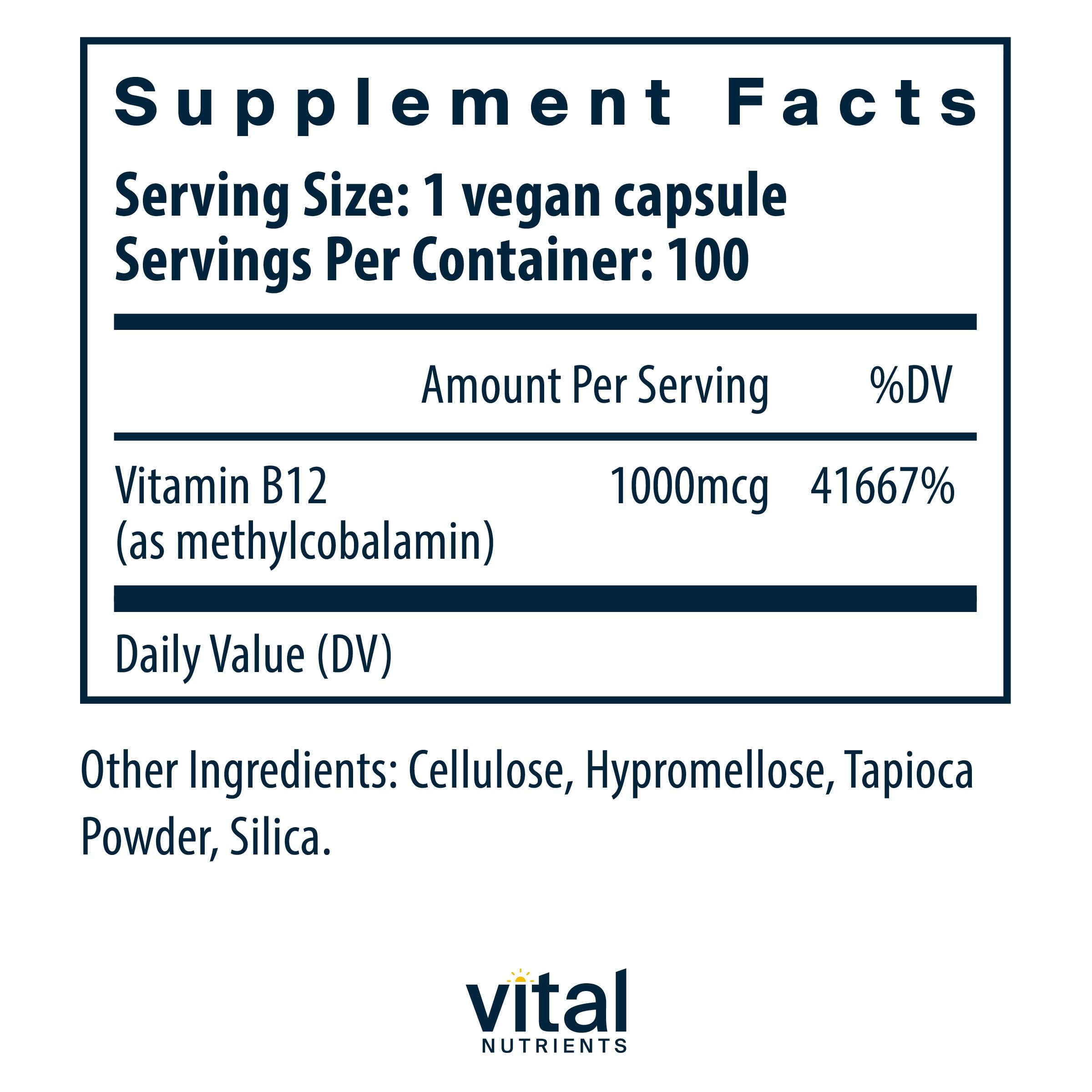 Close-up of Vital Nutrients B12 capsules highlighting high-potency methylcobalamin for energy support.