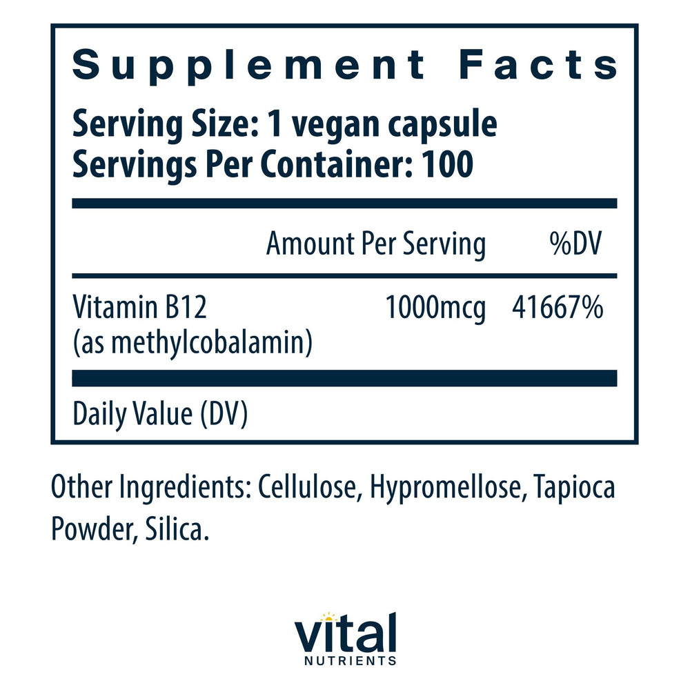 Close-up of Vital Nutrients B12 capsules highlighting high-potency methylcobalamin for energy support.