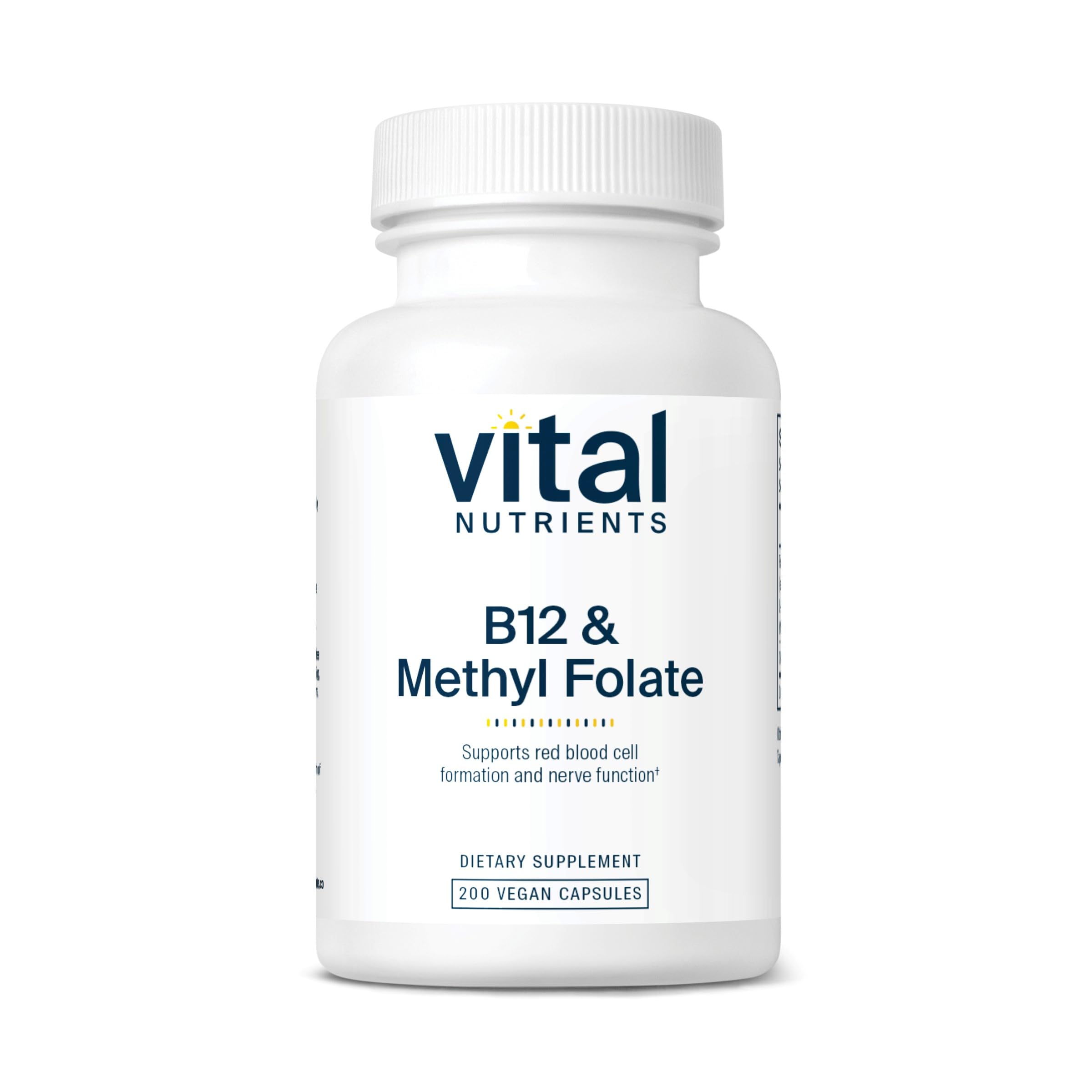 Vital Nutrients vitamin B12 and methylfolate bottle pour for easy daily dosing and nerve support