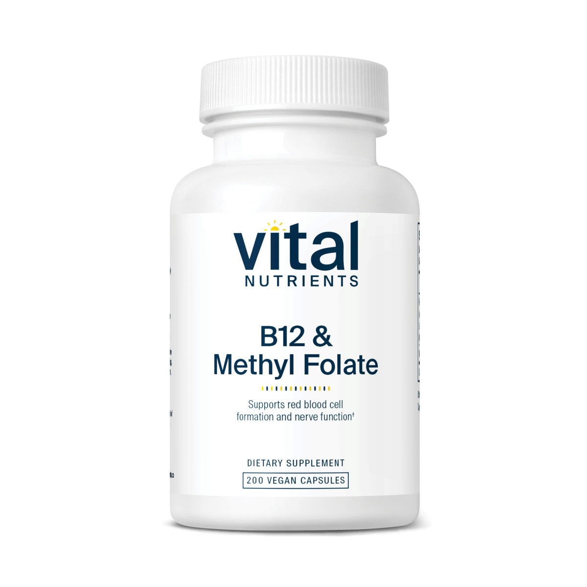 Vital Nutrients vitamin B12 and methylfolate bottle pour for easy daily dosing and nerve support
