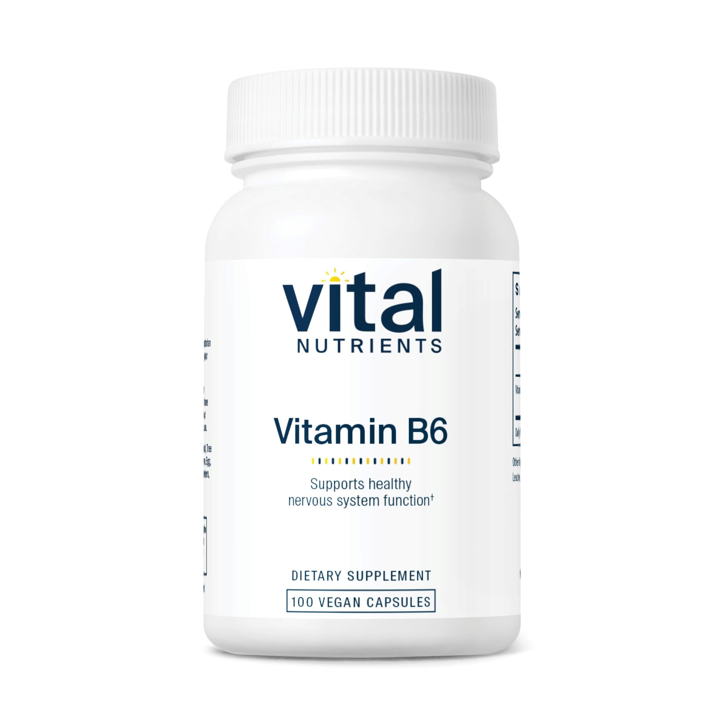 Vital Nutrients Vitamin B6 bottle with 100 mg potency for daily nervous system support.