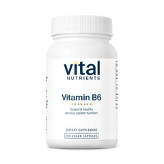 Vital Nutrients Vitamin B6 bottle with 100 mg potency for daily nervous system support.