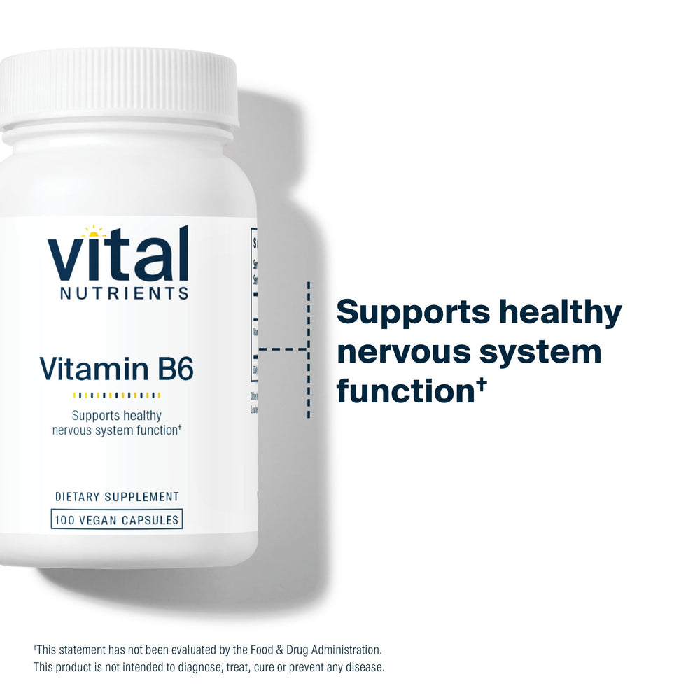 Vital Nutrients Vitamin B6 third-party testing seal communicates purity and potency.