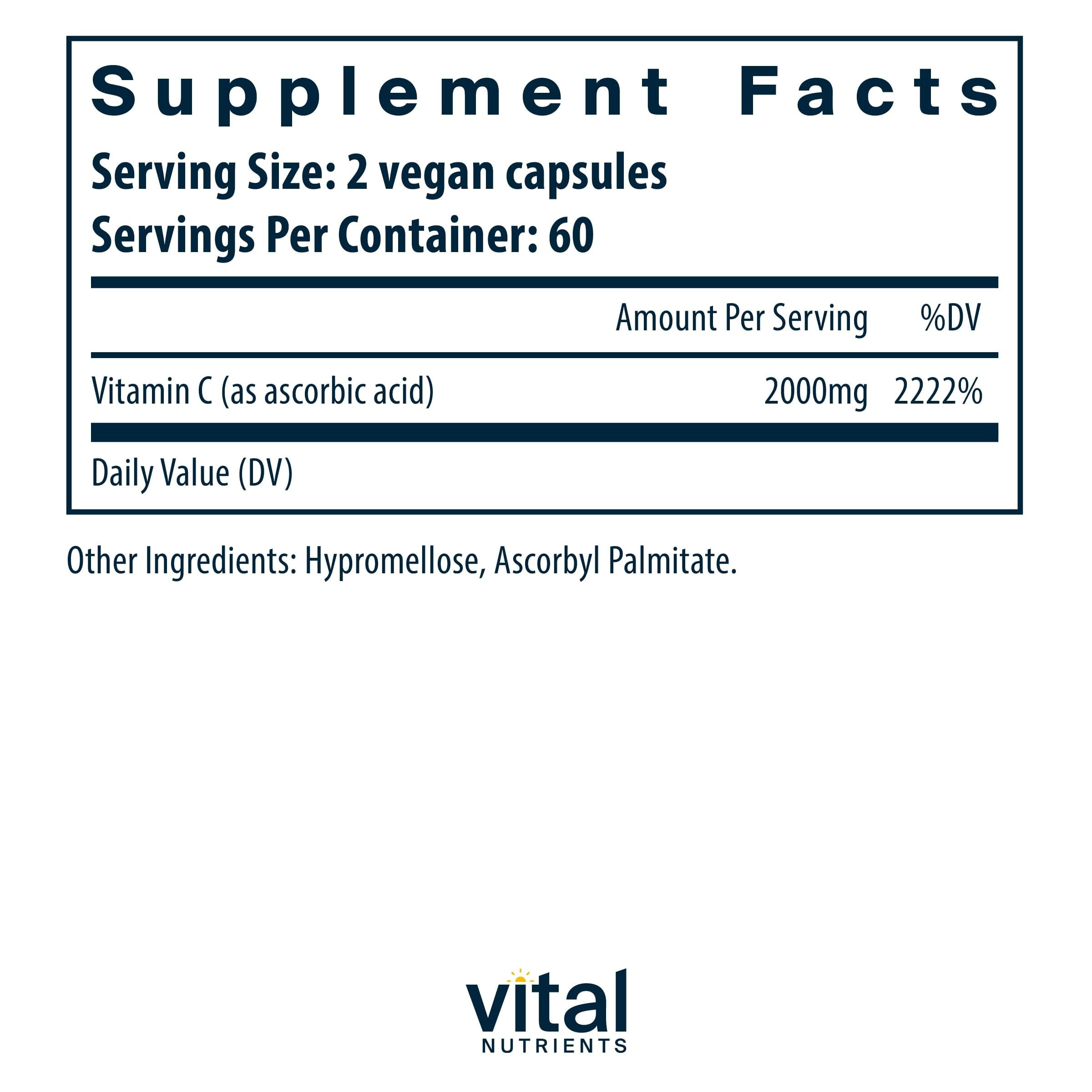 Vital Nutrients Vitamin C 1000mg bottle label close-up showing vegan formula.