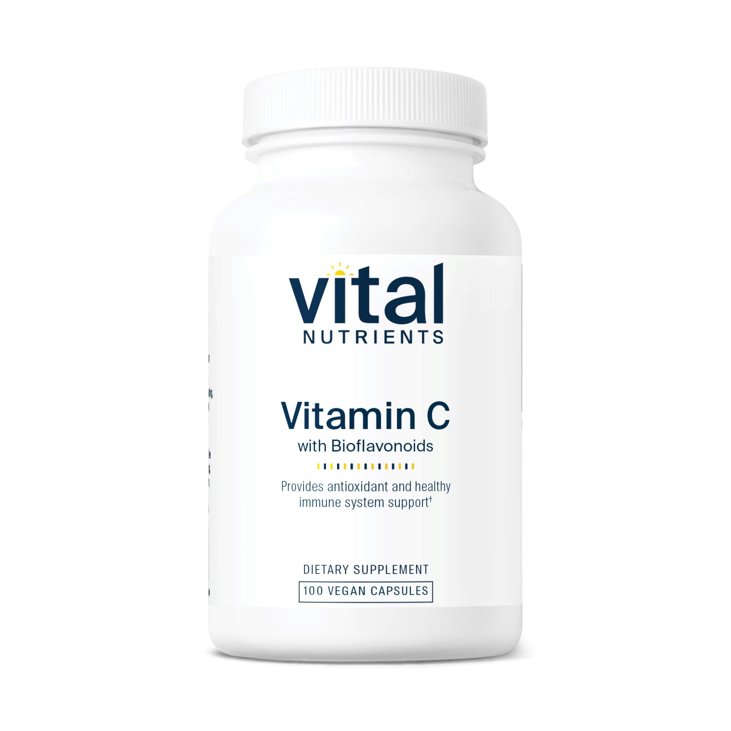 Vital Nutrients Vitamin C with Bioflavonoids bottle showing vegan immune support potential.