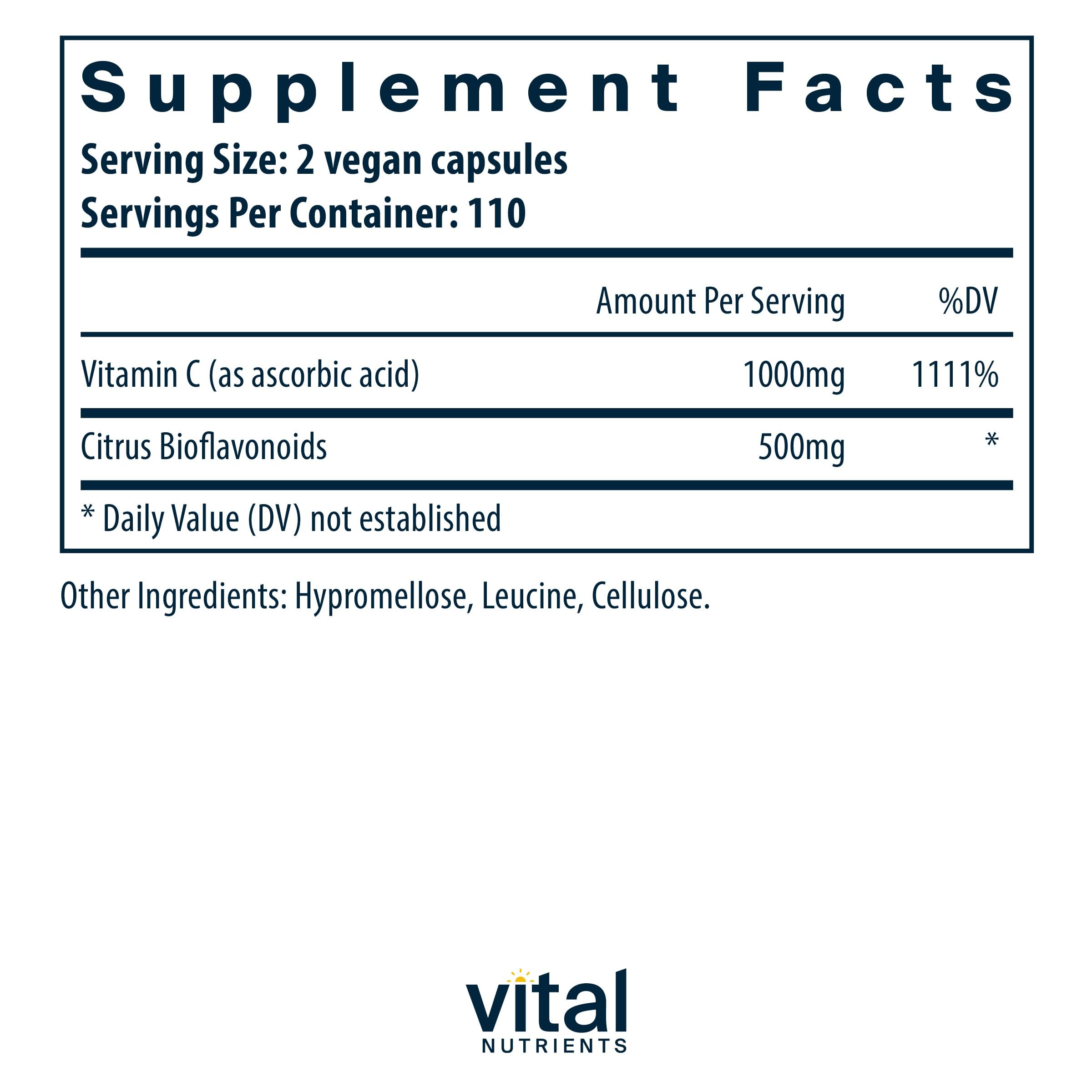 Vital Nutrients Vitamin C bioflavonoids capsules ready for daily use.
