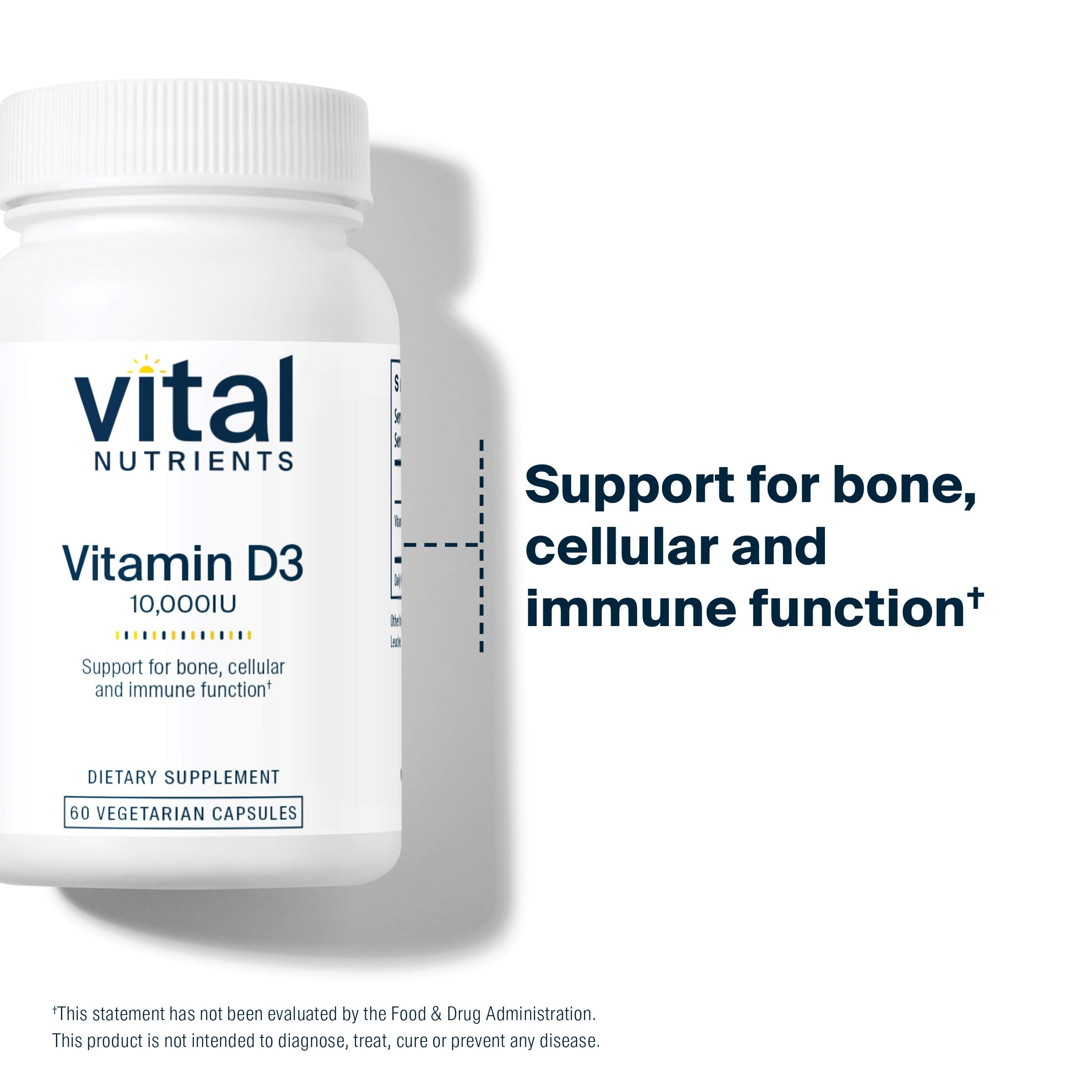 Vital Nutrients Vitamin D 10000 IU capsules highlight easy-to-swallow softgels.