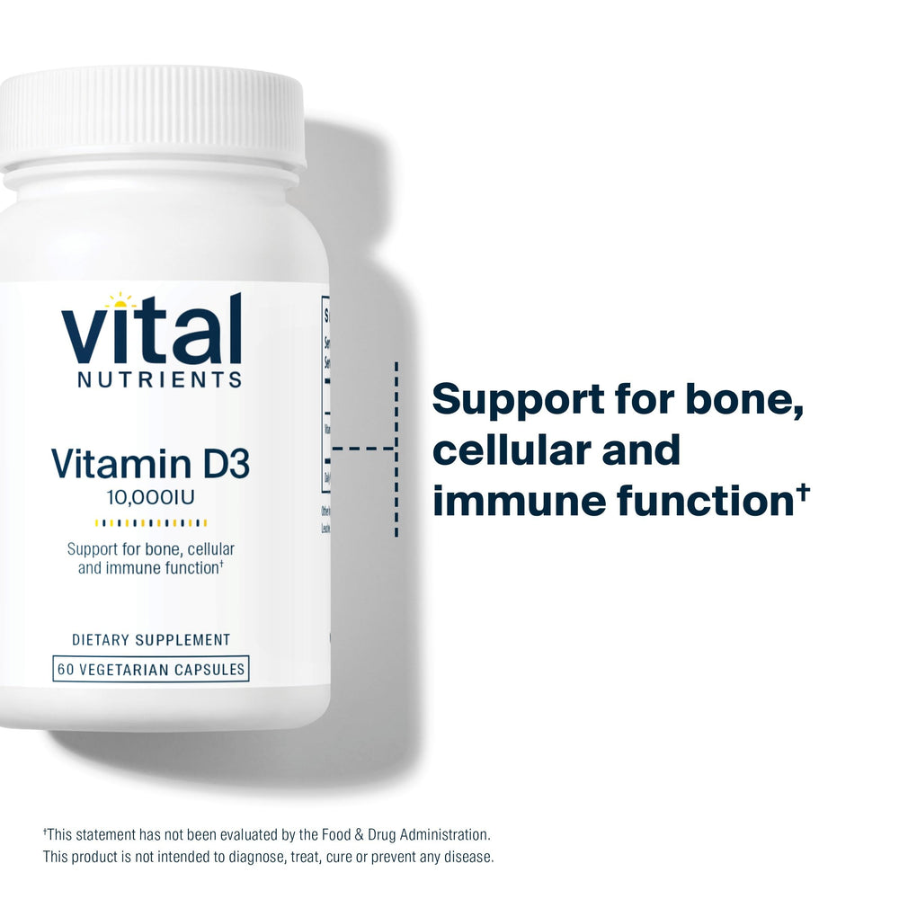 Vital Nutrients Vitamin D 10000 IU capsules highlight easy-to-swallow softgels.
