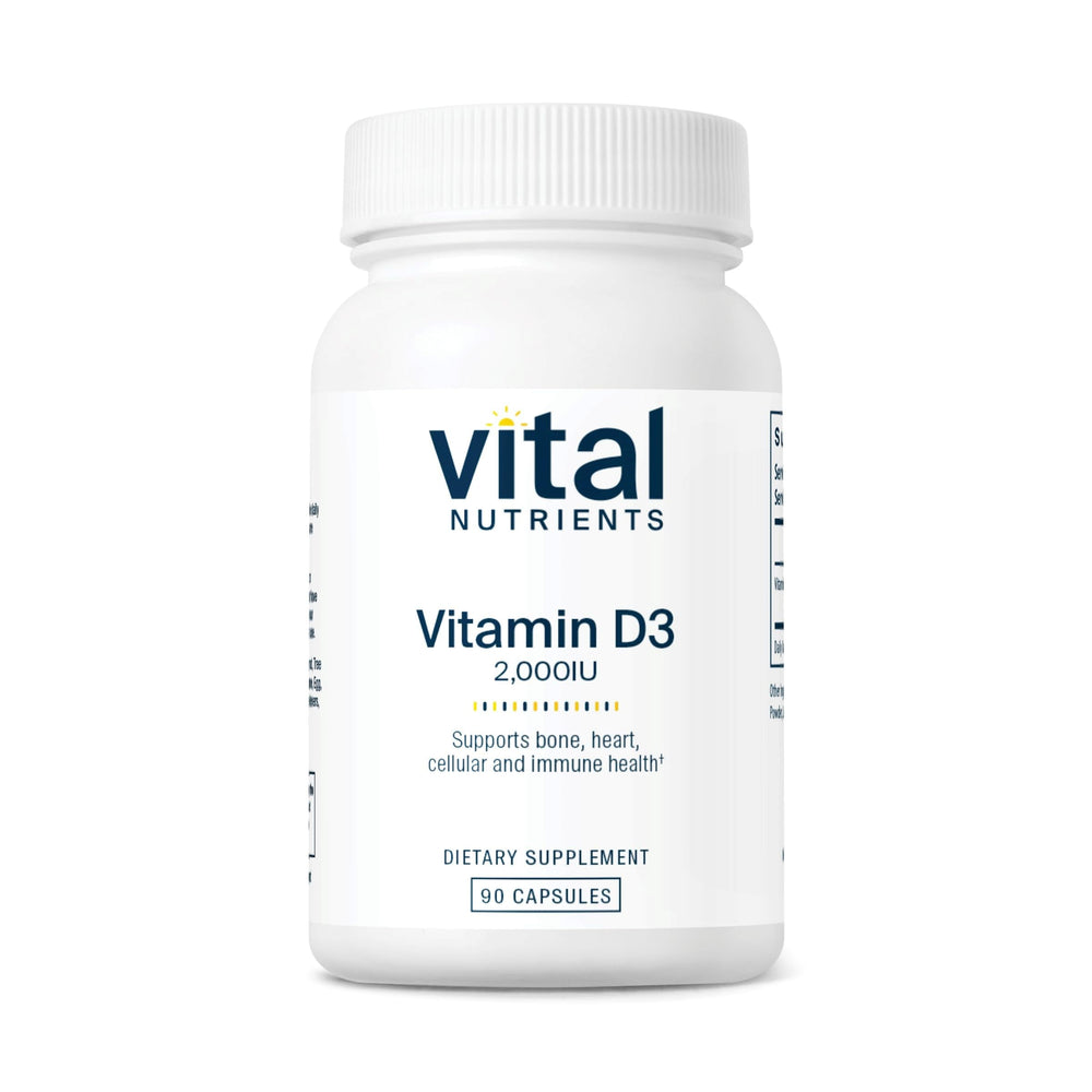 Vital Nutrients Vitamin D 2000 IU bottle shows vegan, allergen-free support for bones and immunity.