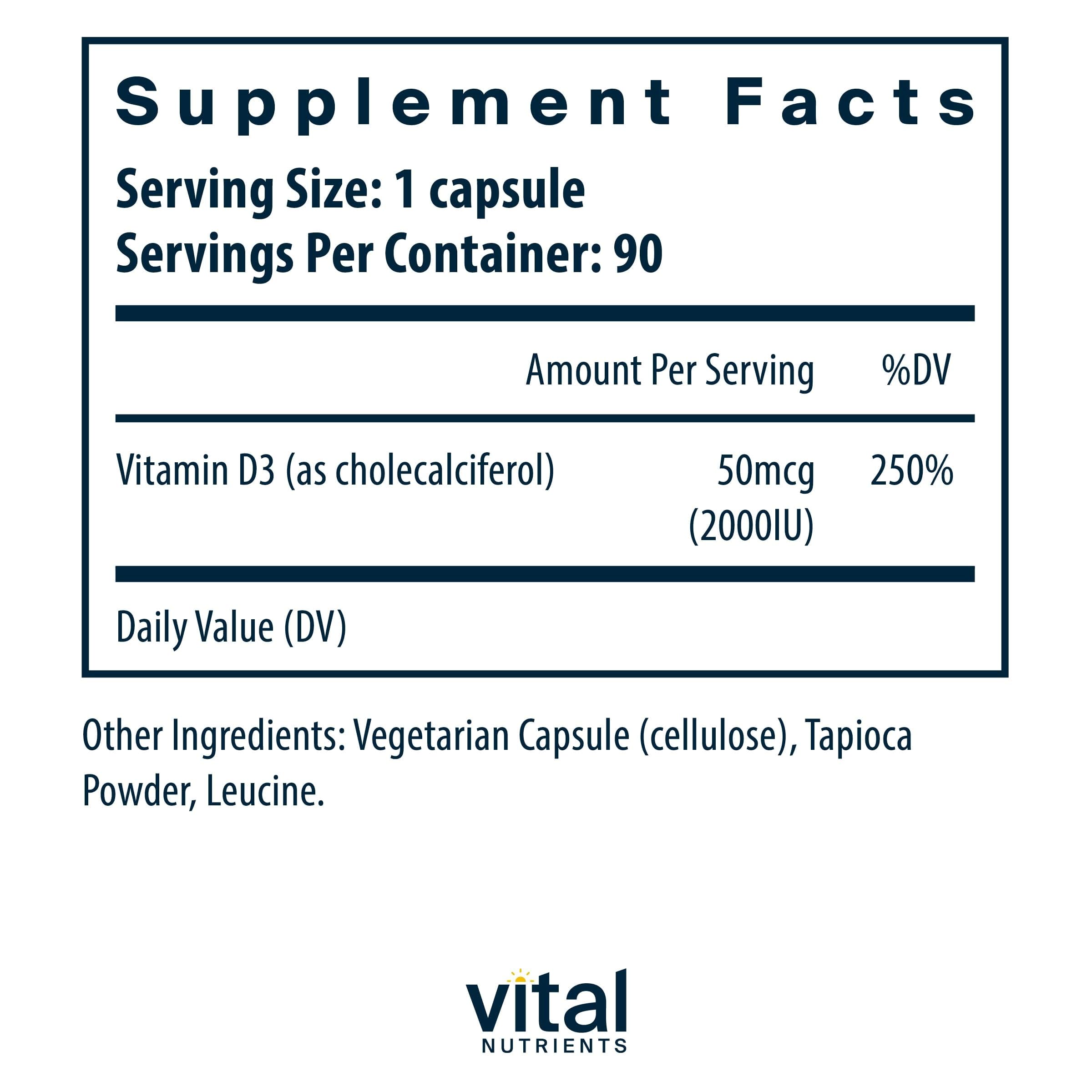 Vital Nutrients Vitamin D 2000 IU capsule promotes easy absorption and daily intake.