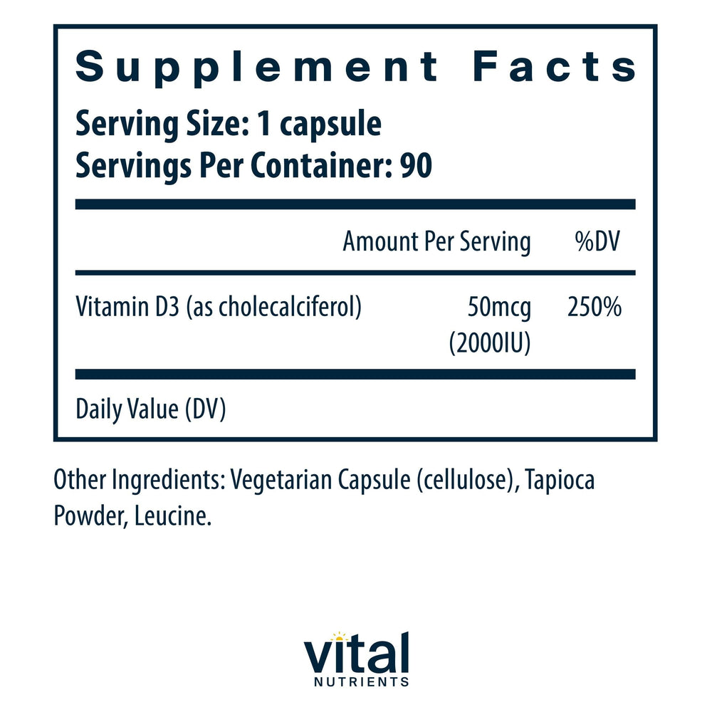 Vital Nutrients Vitamin D 2000 IU capsule promotes easy absorption and daily intake.