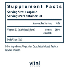 Vital Nutrients Vitamin D 2000 IU capsule promotes easy absorption and daily intake.
