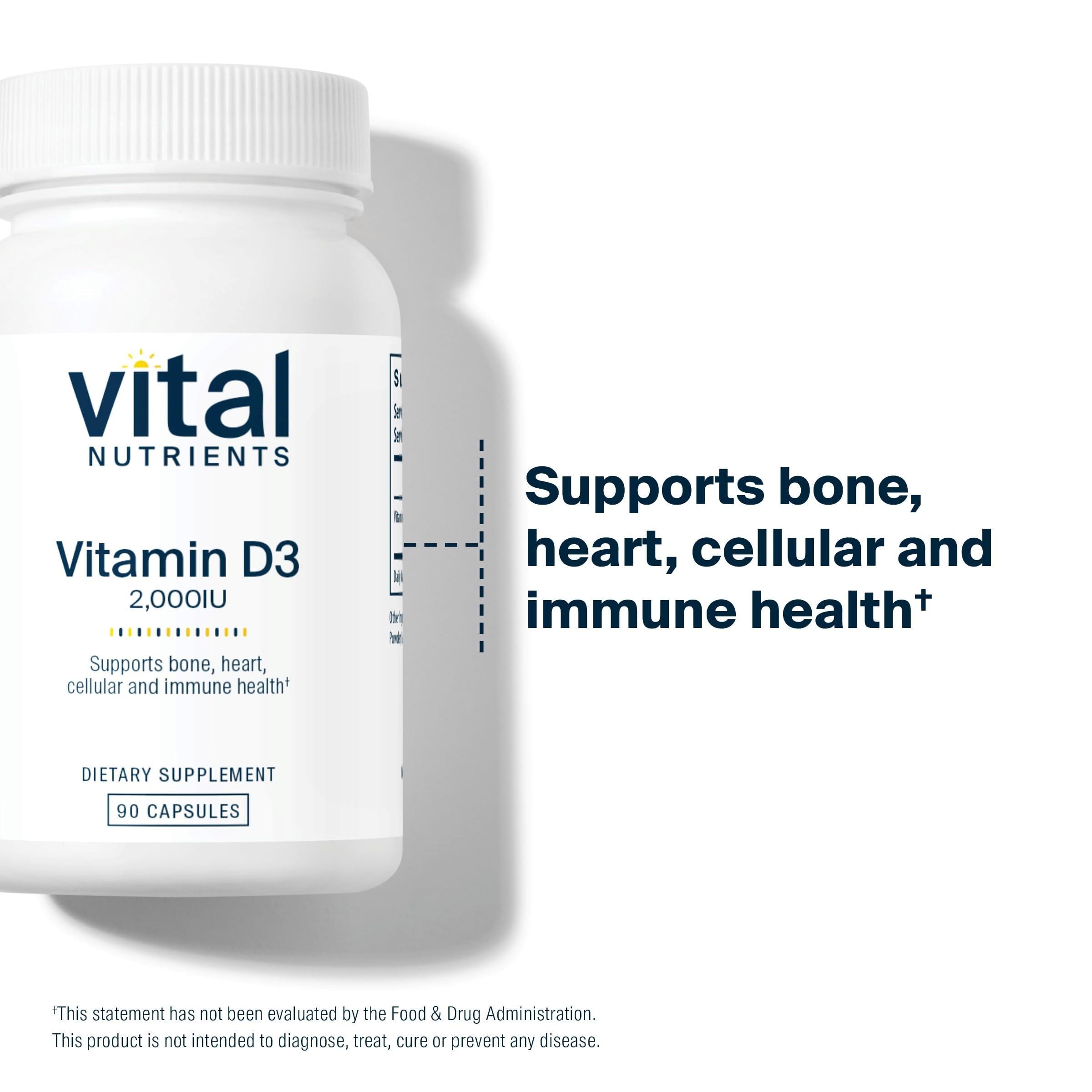 Vital Nutrients label displays 2000 IU vitamin D3 per capsule.