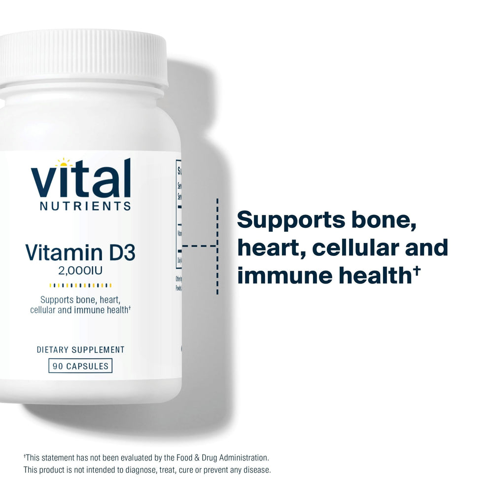 Vital Nutrients label displays 2000 IU vitamin D3 per capsule.