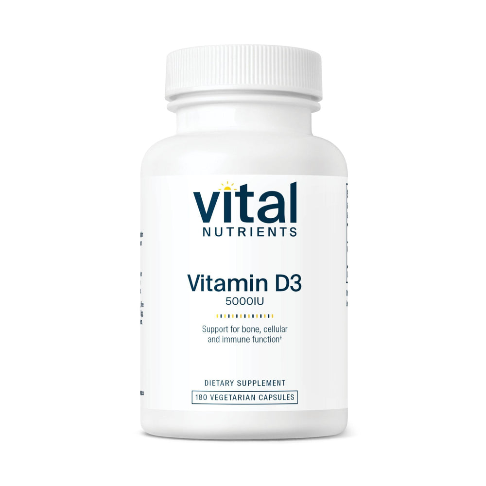 Vital Nutrients Vitamin D 5000 IU bottle shows label; supports bone and immune health.