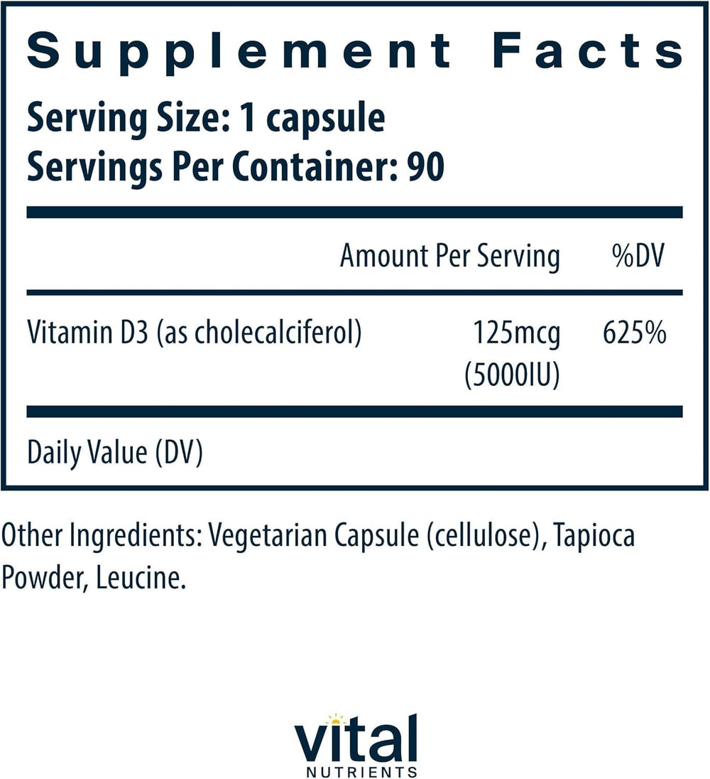 Close-up of a Vital Nutrients Vitamin D 5000 IU capsule for easy absorption.