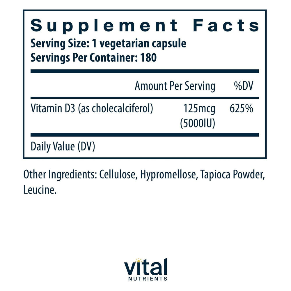 Close-up of Vital Nutrients Vitamin D 5000 IU capsules, easy-to-swallow design.