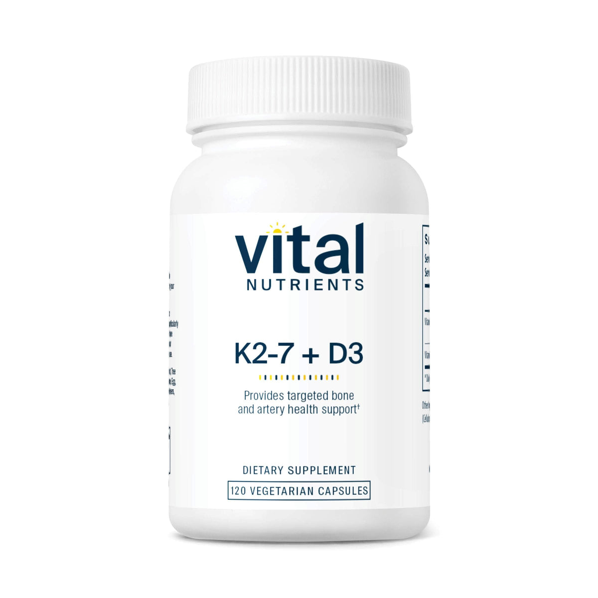 Vital Nutrients Vitamin D3 K2 bottle supports bone health and daily wellness.