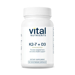 Vital Nutrients Vitamin D3 K2 bottle with capsules shows bone-supporting supplement