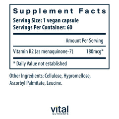 Closeup of Vital Nutrients K2-7 bottle highlighting vegan MK7 capsule for heart health.