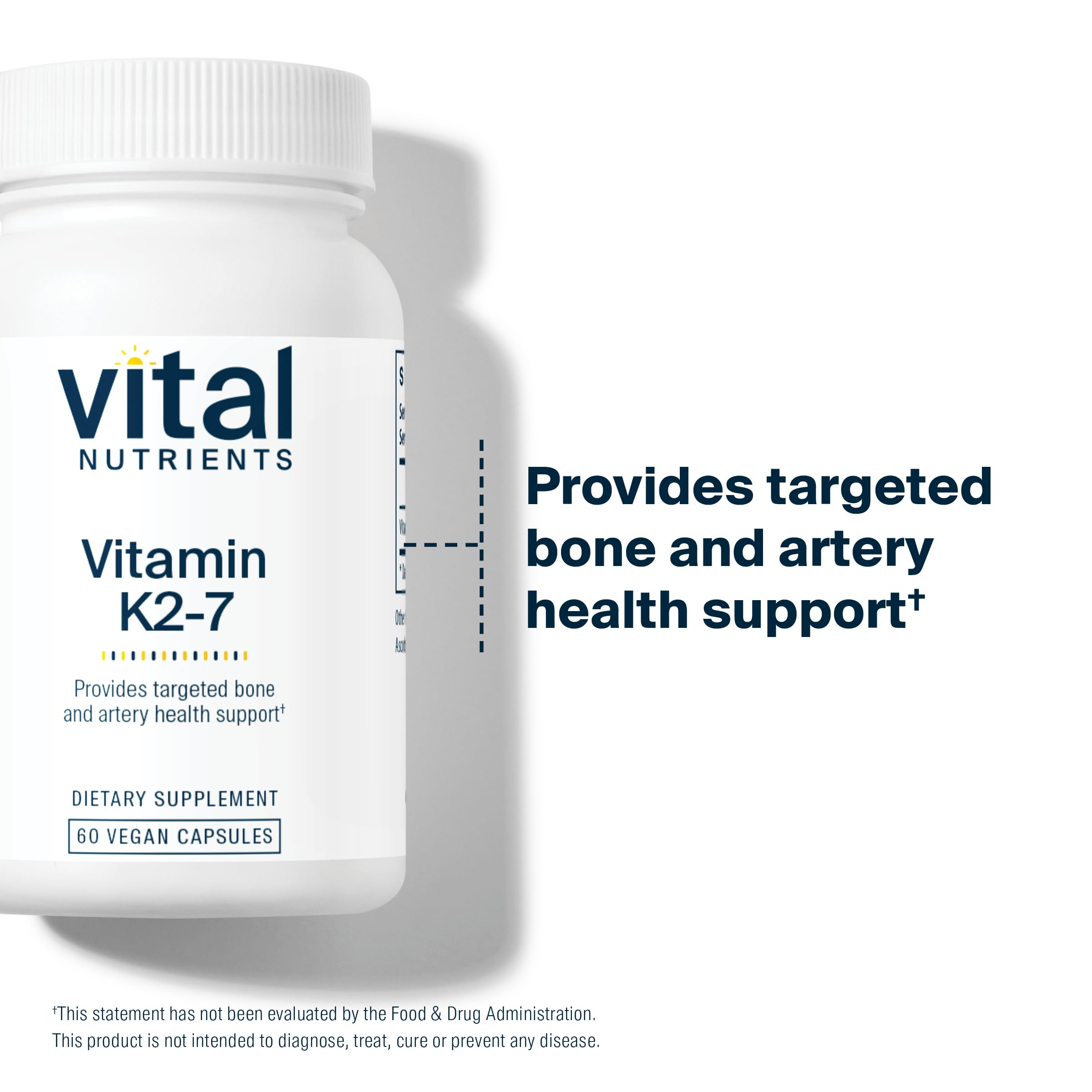 Packaging info for Vital Nutrients Vitamin K2-7 highlighting clean vegan formula.