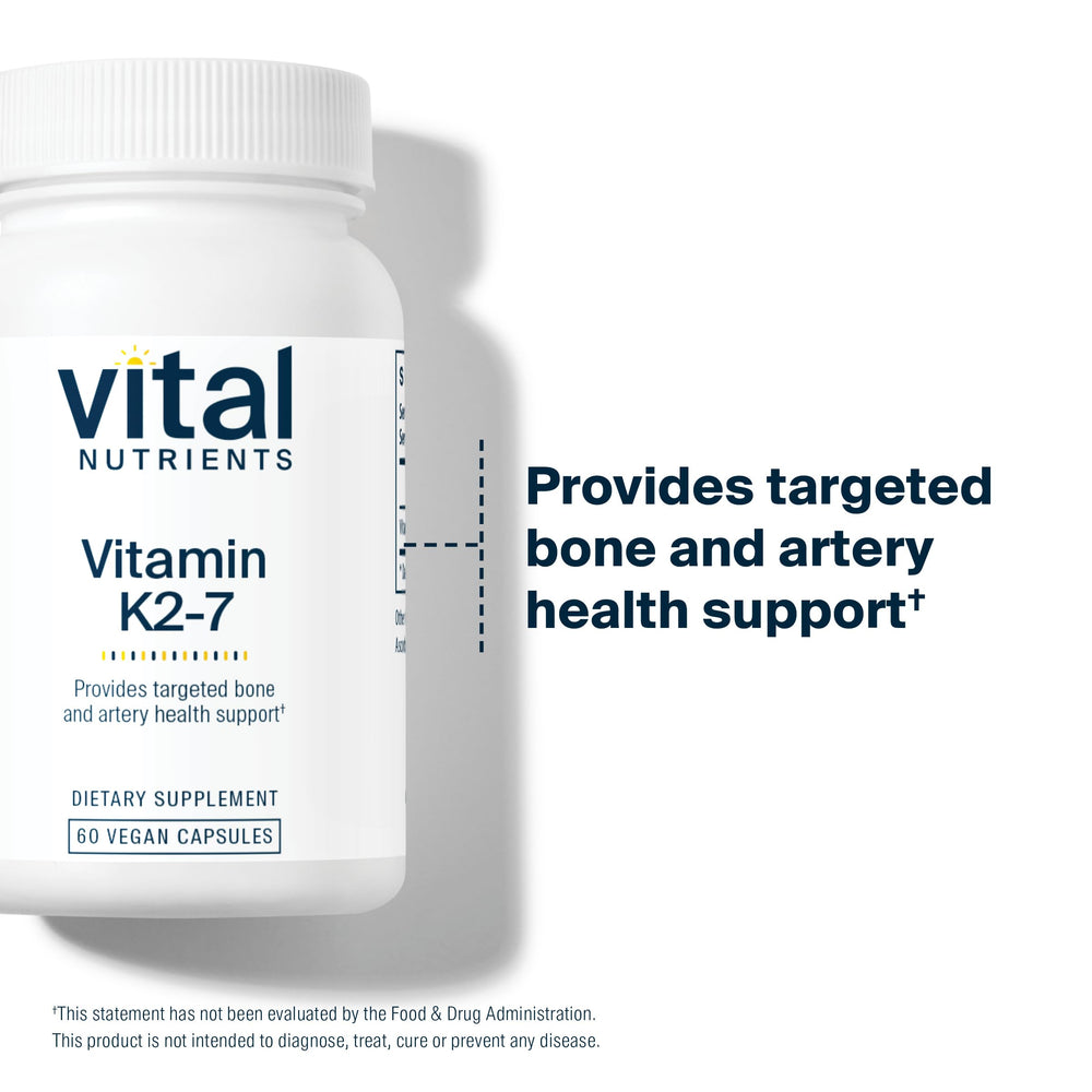 Packaging info for Vital Nutrients Vitamin K2-7 highlighting clean vegan formula.