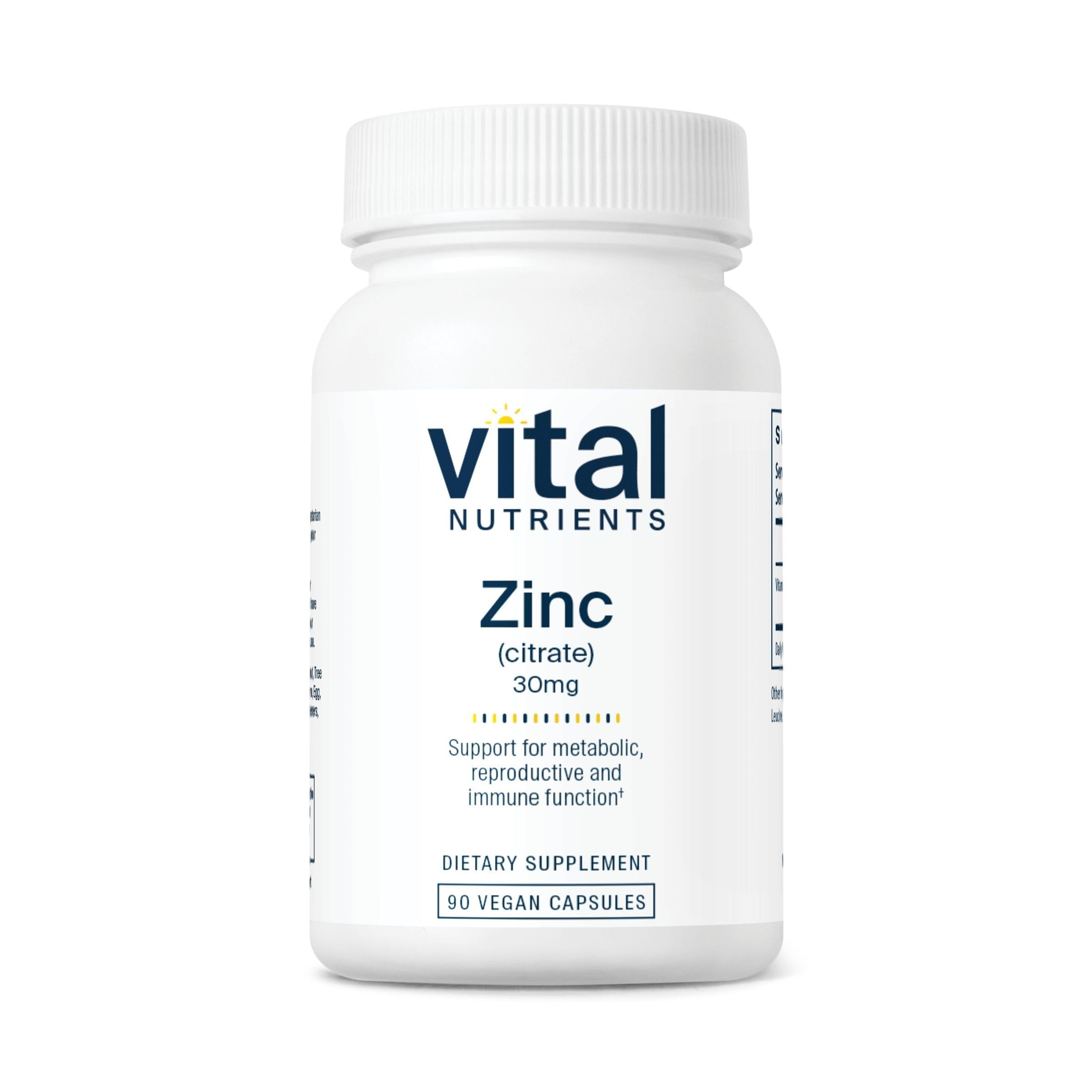 Vital Nutrients Zinc Citrate 30mg bottle with capsules for immune support.