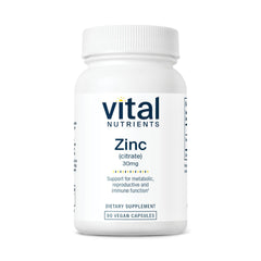 Vital Nutrients Zinc Citrate 30mg bottle with capsules for immune support.