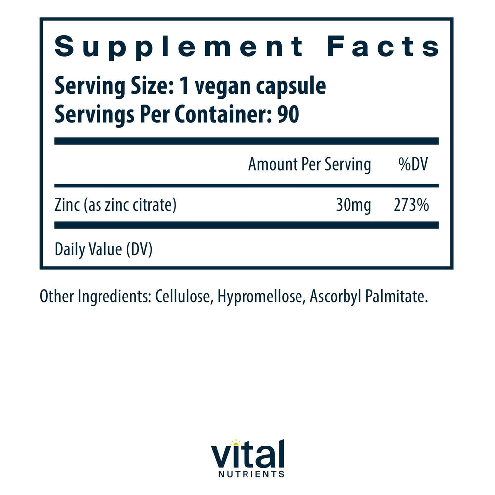 Close-up of Vital Nutrients Zinc Citrate pill highlighting easy absorption.