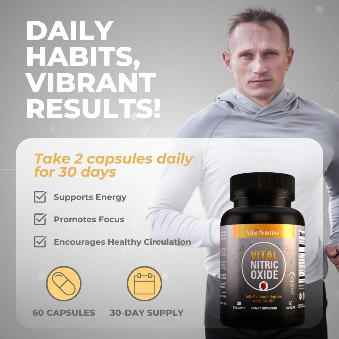 Vital Nutritive Nitric Oxide bottle in hand suggests renewed vitality for daily activity.