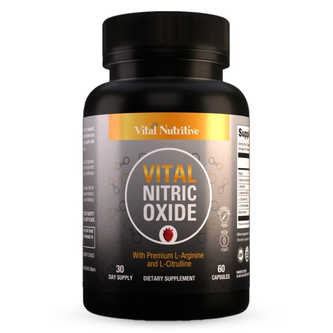 Vital Nutritive Nitric Oxide bottle overview shows potential for improved blood flow during workouts.