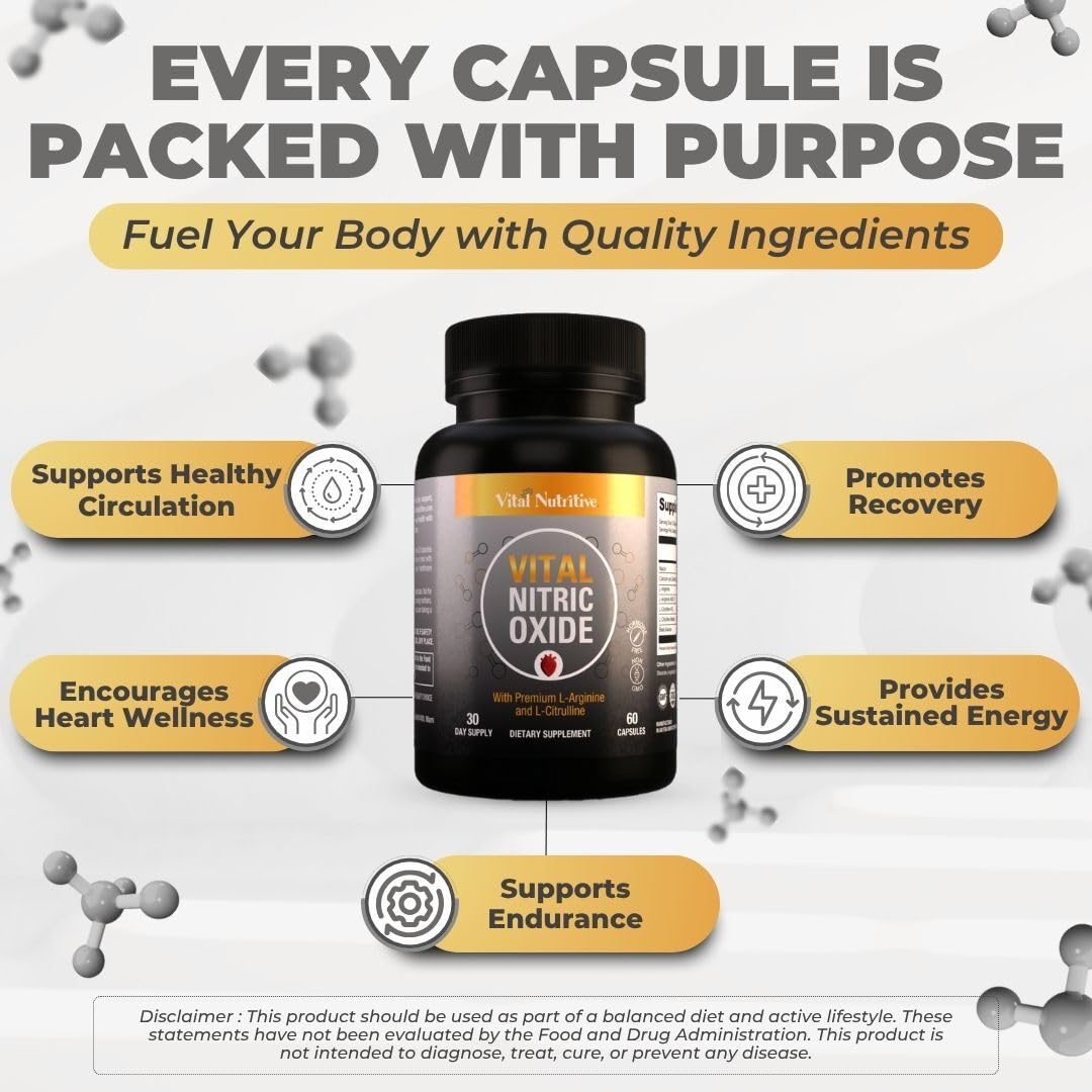 Vital Nutritive Nitric Oxide capsules showcase a clean, high-quality formula.