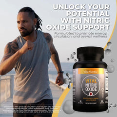 Vital Nutritive Nitric Oxide label close-up highlights heart-friendly ingredients and quality.