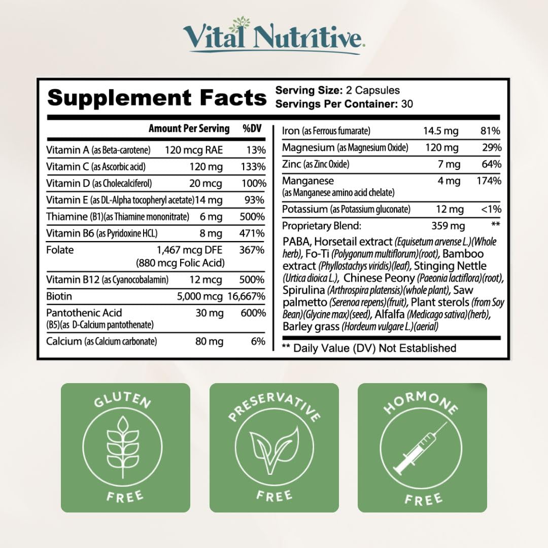 VITAL NUTRITIVE Vital Hair Complex lifestyle shot suggests daily wellness routine.