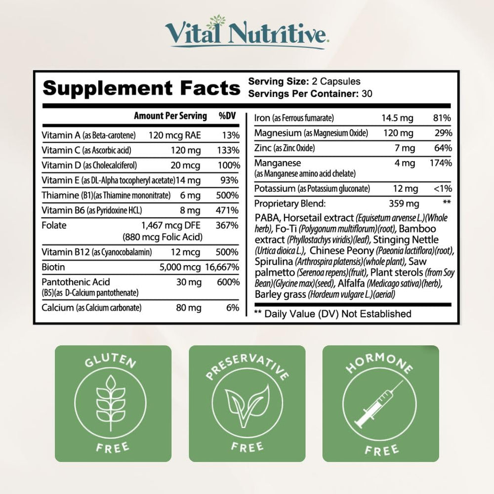 VITAL NUTRITIVE Vital Hair Complex lifestyle shot suggests daily wellness routine.