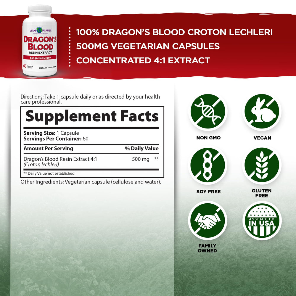Close-up of Vital Planet Dragon's Blood resin capsules showing purity and potency for daily use