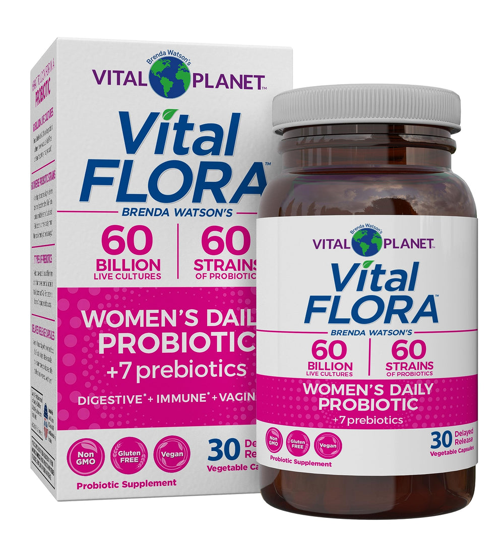 Vital Planet Vital Flora Women's Daily probiotic bottle on shelf, promoting daily digestive balance.