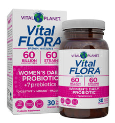Vital Planet Vital Flora Women's Daily probiotic bottle on shelf, promoting daily digestive balance.