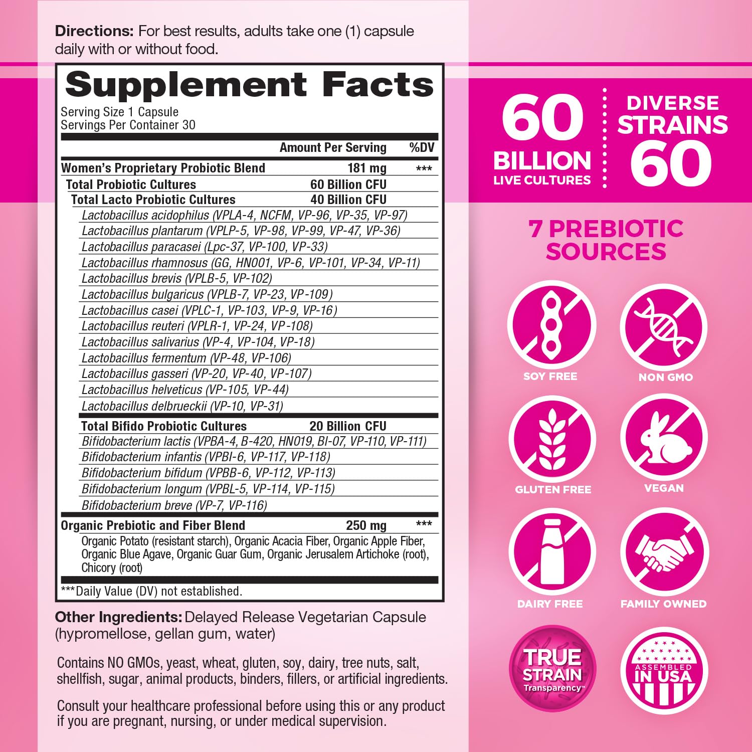 Vital Flora Women's Daily capsules close-up highlighting 60B CFU and diverse strains.