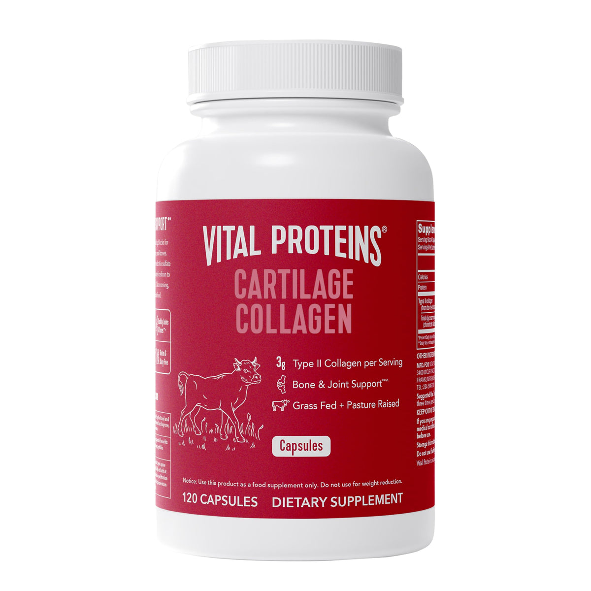 Vital Proteins Cartilage Collagen pills bottle showing capsules for joint support and skin health