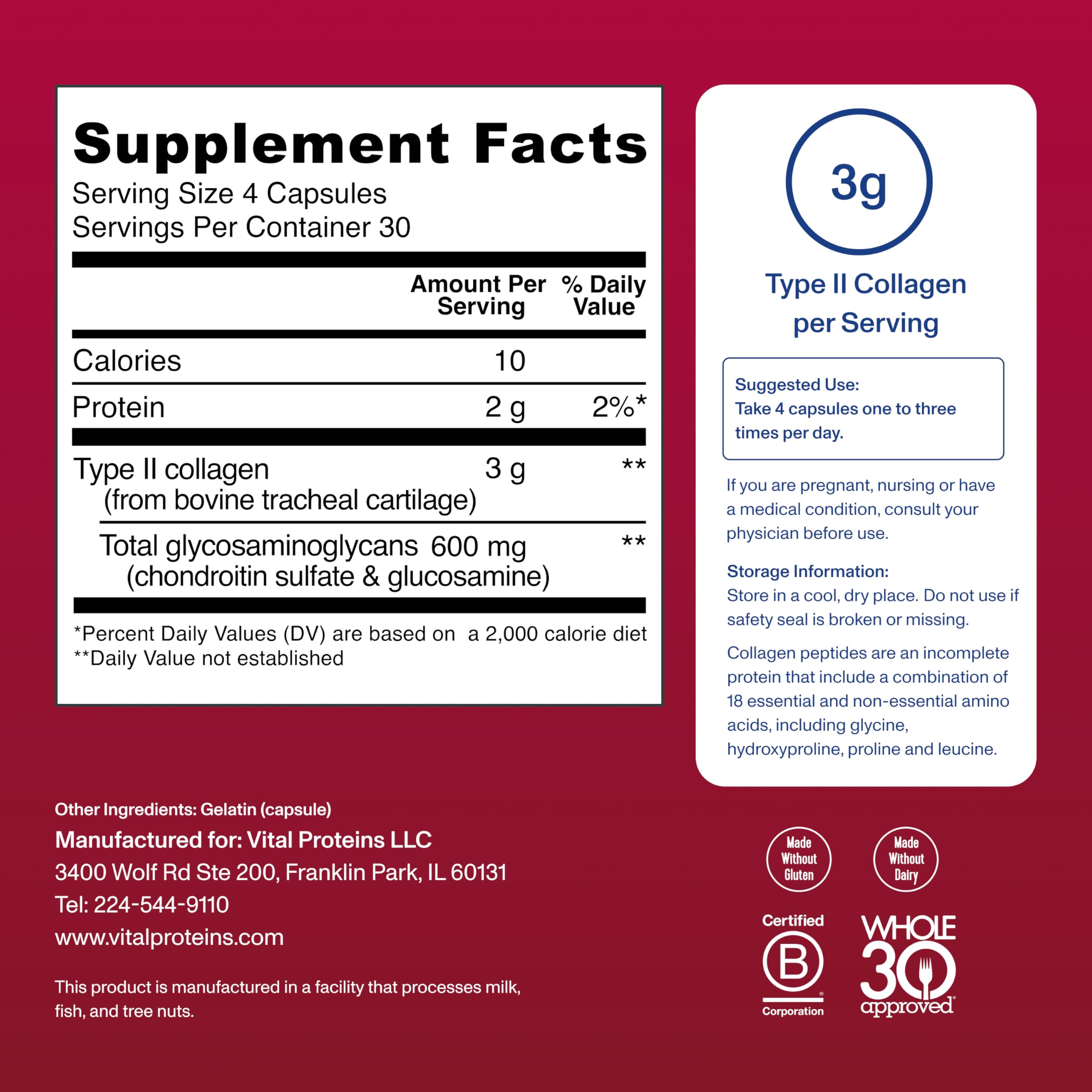 Vital Proteins Cartilage Collagen pills nutrition panel and gluten-free claim