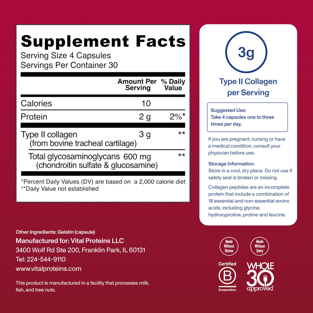 Vital Proteins Cartilage Collagen pills nutrition panel and gluten-free claim