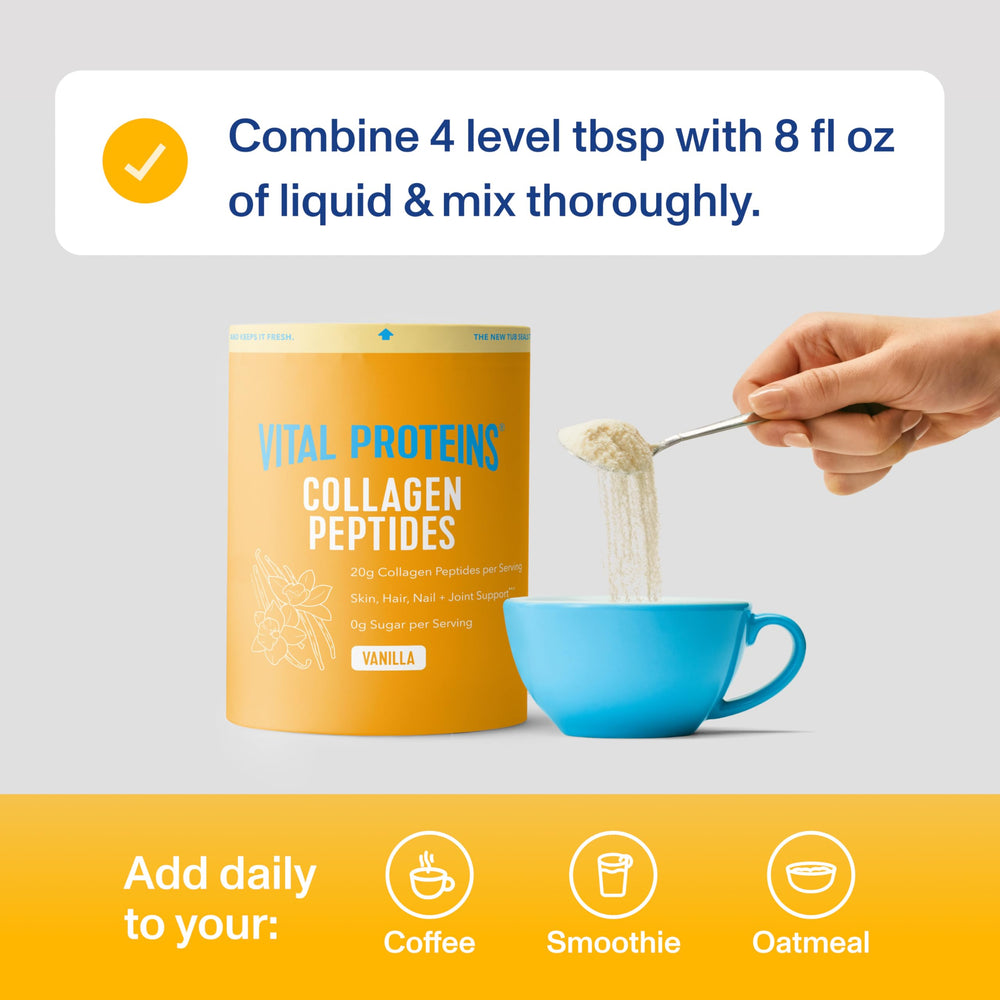 Vital Proteins collagen peptides 20 g serving info label for convenient nutrition