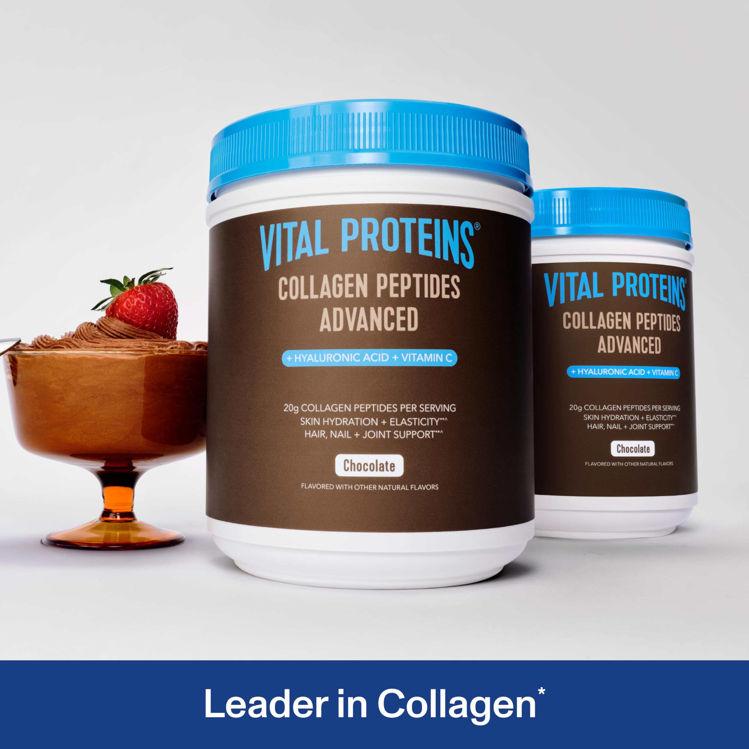 Vital Proteins Collagen Peptides Advanced chocolate label closeup shows vitamin C content for daily support