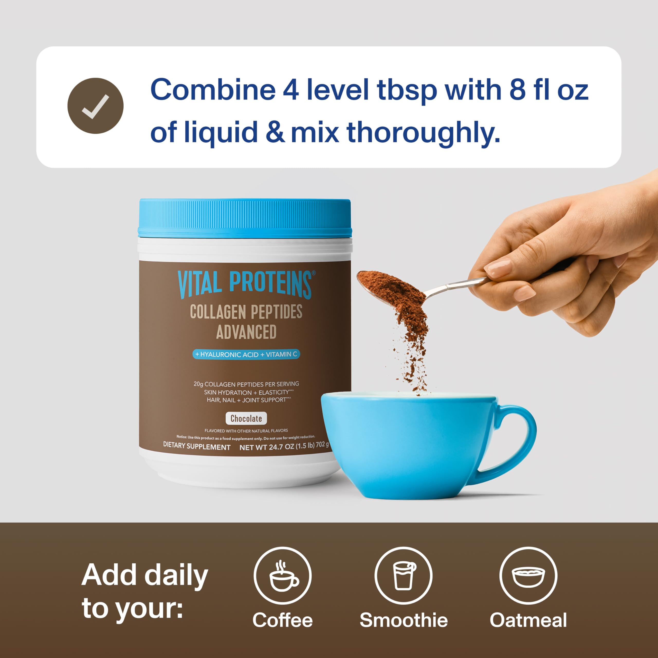 Vital Proteins Collagen Peptides Advanced chocolate mixed into oatmeal adds protein-friendly support