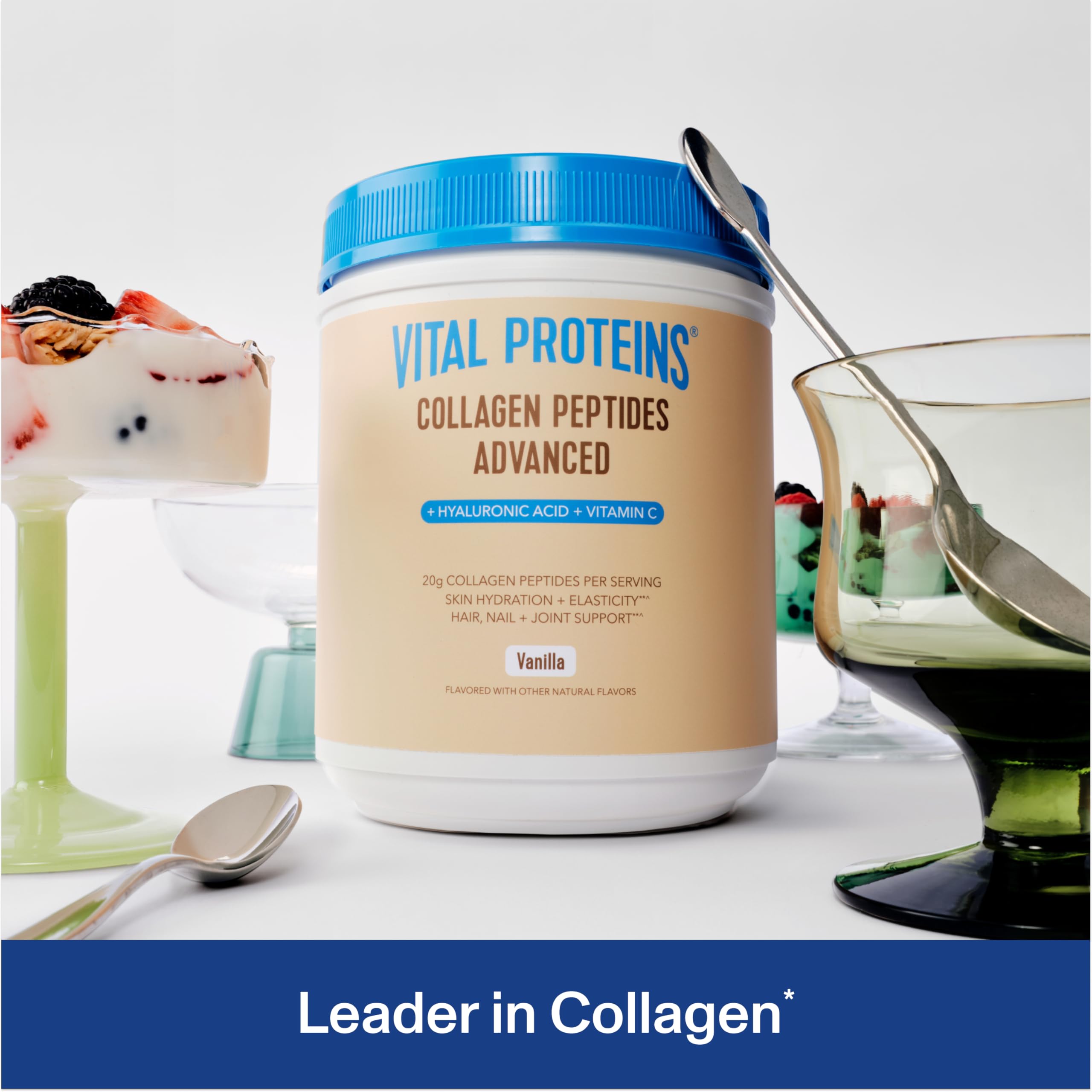 Vital Proteins Collagen Peptides Advanced vanilla bottle pouring into glass for easy mix.