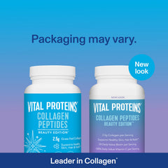 Vital Proteins collagen peptides Beauty Edition closeup showing biotin and vitamin C label
