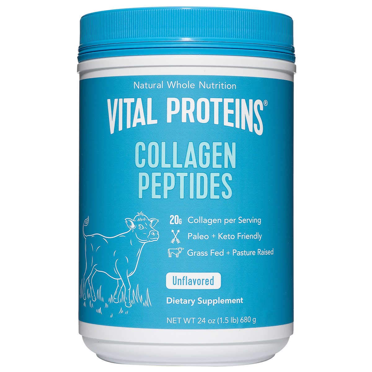 Vital Proteins Collagen Peptides bottle front, grass-fed formula for daily use.