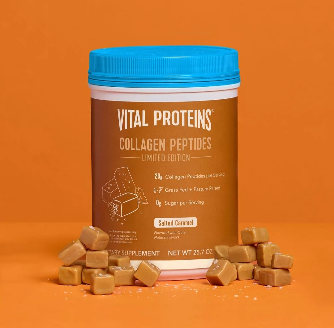 Vital Proteins Salted Caramel image suggests hair and nails shine with use.