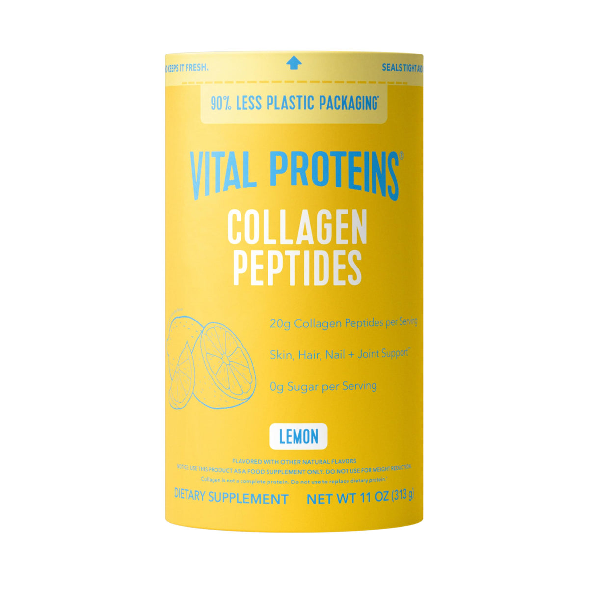 Vital Proteins collagen peptides lemon bottle highlighting hair and skin health